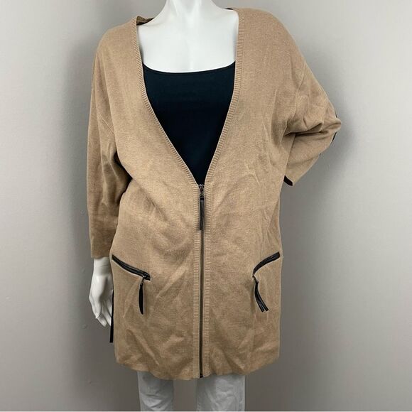 NORDSTROM Camel Tan & Brown Leather Trim Elbow Patch Cardigan Sweater - Picture 3 of 9